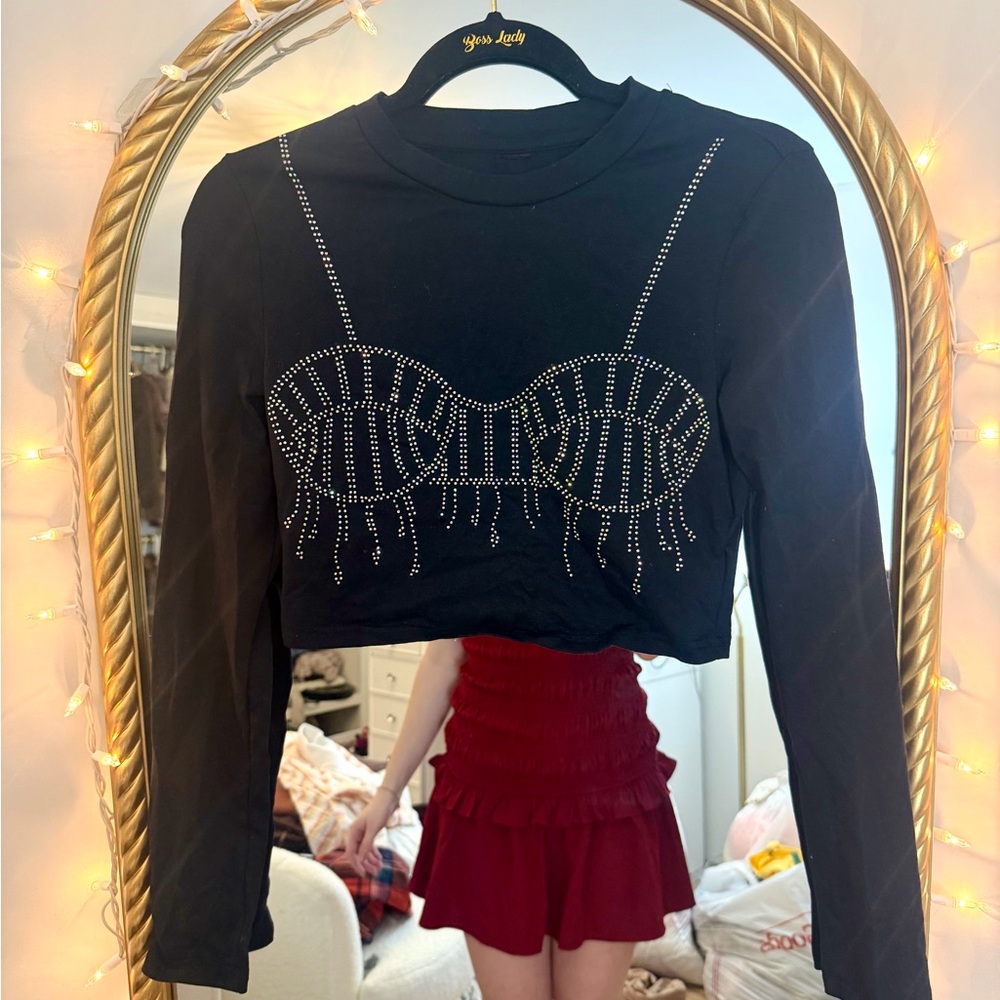 Black Rhinestone Embellished Crop Top
